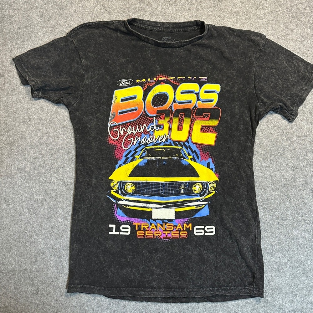 Ford Mustang Boss 302 Graphic T-Shirt‎ Medium Black Acid Wash Cotton Tee